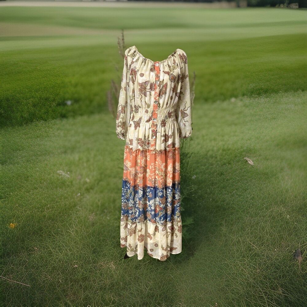 Anthropologie Fig & Flower Dress 2X Prairie Tiered Butterfly Floral Print Boho
